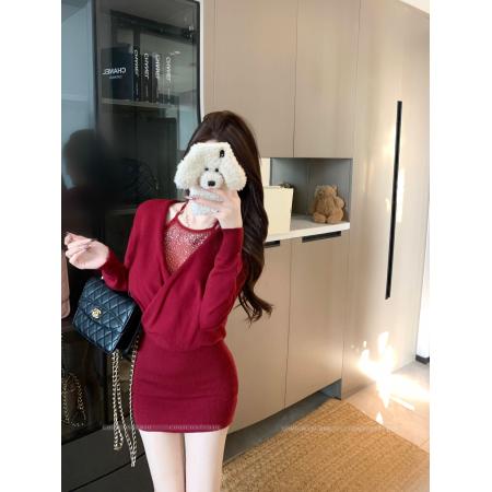 FA54901# 亮片挂脖设计感针织包臀连衣裙短裙  服裝批發女裝批發服飾貨源