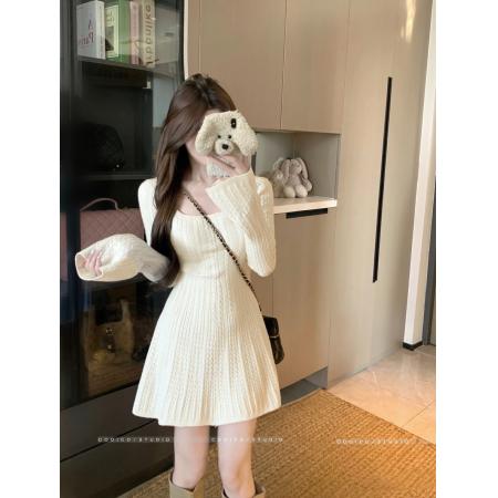 FA54902# 法式U领针织连衣裙女收腰显瘦长袖麻花a字短裙子  服裝批發女裝批發服飾貨源