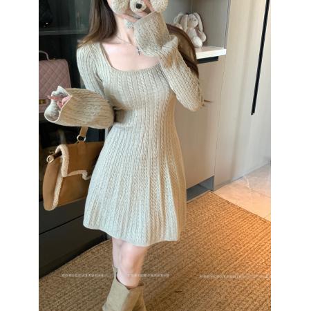 FA54902# 法式U领针织连衣裙女收腰显瘦长袖麻花a字短裙子  服裝批發女裝批發服飾貨源