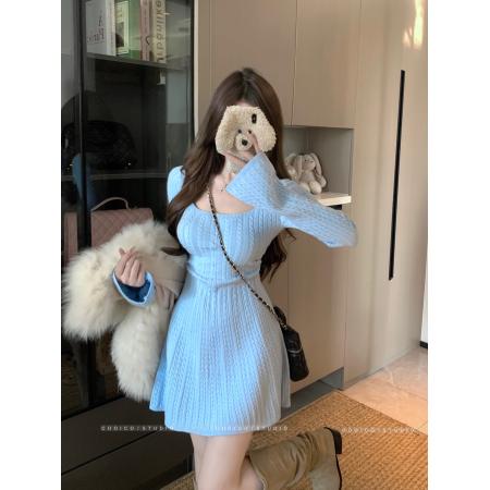 FA54902# 法式U领针织连衣裙女收腰显瘦长袖麻花a字短裙子  服裝批發女裝批發服飾貨源