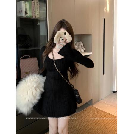 FA54902# 法式U领针织连衣裙女收腰显瘦长袖麻花a字短裙子  服裝批發女裝批發服飾貨源