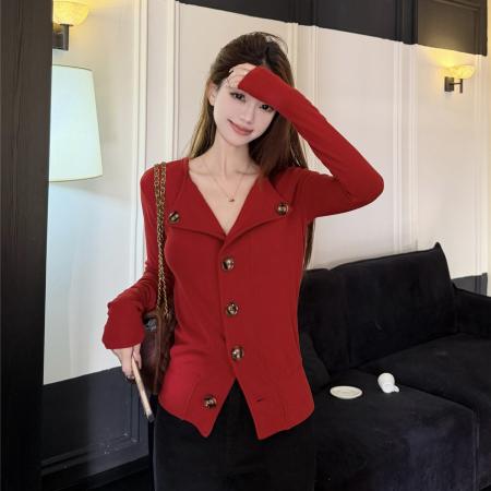 FA54903# 韩系纽扣针织开衫女设计感修身打底衫上衣  服裝批發女裝批發服飾貨源