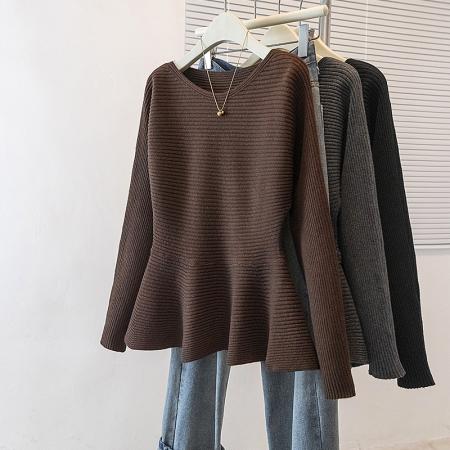 大码女装新款韩版休闲通勤简约圆领修身收腰荷叶边针织上衣  服裝批發女裝批發服飾貨源