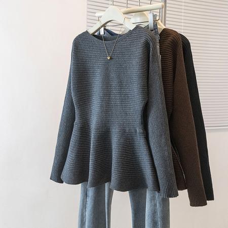 FA54905# 大码女装新款韩版休闲通勤简约圆领修身收腰荷叶边针织上衣  服裝批發女裝批發服飾貨源