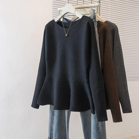 FA54905# 大码女装新款韩版休闲通勤简约圆领修身收腰荷叶边针织上衣  服裝批發女裝批發服飾貨源