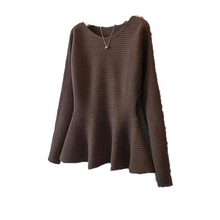 FA54905# 大码女装新款韩版休闲通勤简约圆领修身收腰荷叶边针织上衣  服裝批發女裝批發服飾貨源