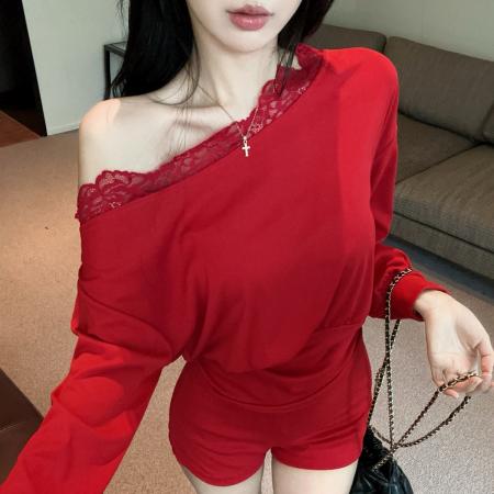 FA54907# 纯欲性感辣妹斜肩露锁骨长袖上衣蕾丝拼接蝙蝠衫高腰短裤套装  服裝批發女裝批發服飾貨源