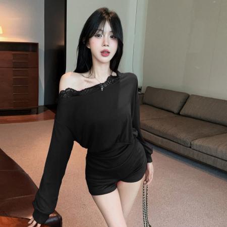 FA54907# 纯欲性感辣妹斜肩露锁骨长袖上衣蕾丝拼接蝙蝠衫高腰短裤套装  服裝批發女裝批發服飾貨源