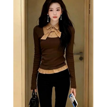 FA54908# 假两件拼接长袖T恤女秋冬新款绑带小衫小众设计修身格子上衣  服裝批發女裝批發服飾貨源