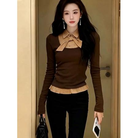 FA54908# 假两件拼接长袖T恤女秋冬新款绑带小衫小众设计修身格子上衣  服裝批發女裝批發服飾貨源