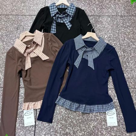 FA54908# 假两件拼接长袖T恤女秋冬新款绑带小衫小众设计修身格子上衣  服裝批發女裝批發服飾貨源