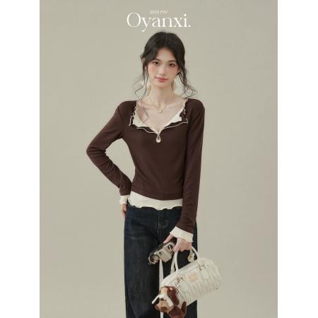 假两件拼接长袖T恤女早秋季设计感打底上衣  服裝批發女裝批發服飾貨源