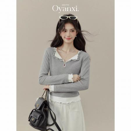 FA54909# 假两件拼接长袖T恤女早秋季设计感打底上衣  服裝批發女裝批發服飾貨源