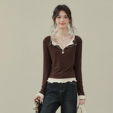 FA54909# 假两件拼接长袖T恤女早秋季设计感打底上衣  服裝批發女裝批發服飾貨源