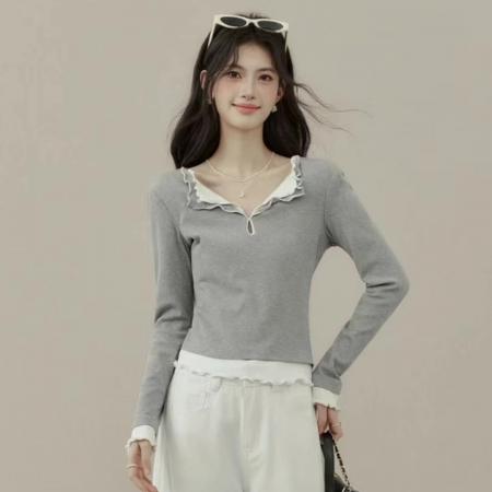 FA54909# 假两件拼接长袖T恤女早秋季设计感打底上衣  服裝批發女裝批發服飾貨源