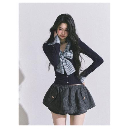 FA54910# 韩系设计小众时尚蝴蝶结格子长袖T恤秋冬新款高级感气质百搭上衣  服裝批發女裝批發服飾貨源