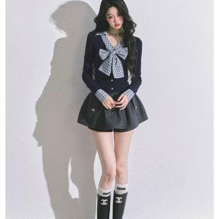 FA54910# 韩系设计小众时尚蝴蝶结格子长袖T恤秋冬新款高级感气质百搭上衣  服裝批發女裝批發服飾貨源