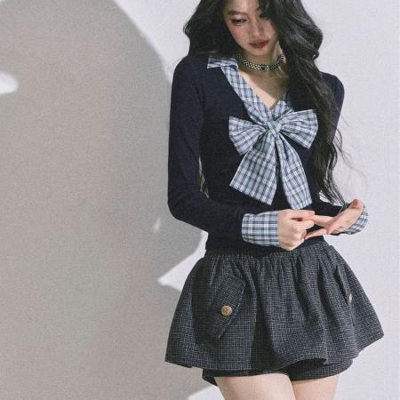 FA54910# 韩系设计小众时尚蝴蝶结格子长袖T恤秋冬新款高级感气质百搭上衣  服裝批發女裝批發服飾貨源