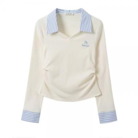 FA54912# 韩系条纹拼接长袖T恤女春季新款修身显瘦V领白色收腰短款上衣  服裝批發女裝批發服飾貨源