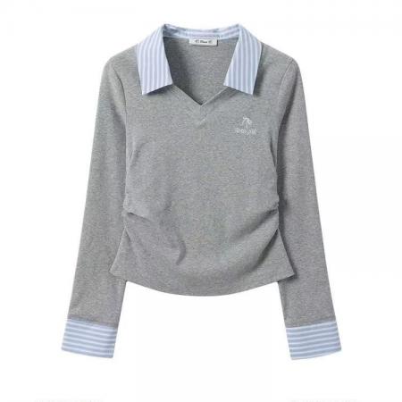 FA54912# 韩系条纹拼接长袖T恤女春季新款修身显瘦V领白色收腰短款上衣  服裝批發女裝批發服飾貨源