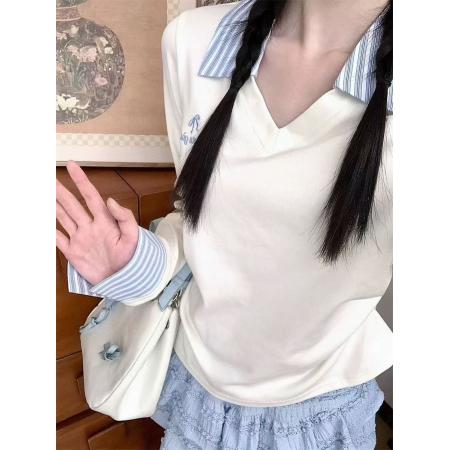 FA54912# 韩系条纹拼接长袖T恤女春季新款修身显瘦V领白色收腰短款上衣  服裝批發女裝批發服飾貨源