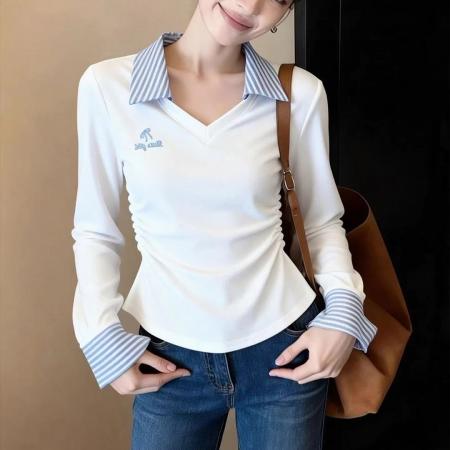 FA54912# 韩系条纹拼接长袖T恤女春季新款修身显瘦V领白色收腰短款上衣  服裝批發女裝批發服飾貨源