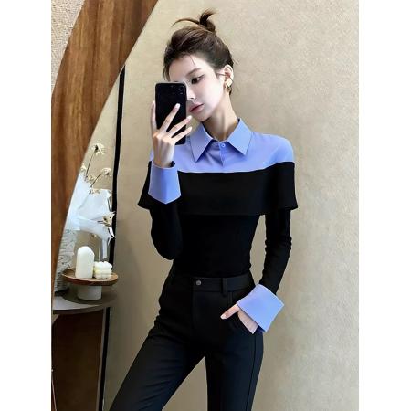 FA54913# 韩系时尚假两件撞色polo领长袖衬衫女春季新款修身显瘦上衣潮  服裝批發女裝批發服飾貨源