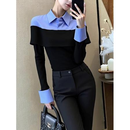 FA54913# 韩系时尚假两件撞色polo领长袖衬衫女春季新款修身显瘦上衣潮  服裝批發女裝批發服飾貨源