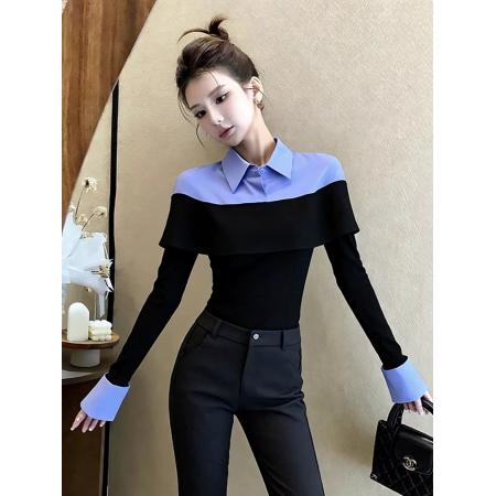 FA54913# 韩系时尚假两件撞色polo领长袖衬衫女春季新款修身显瘦上衣潮  服裝批發女裝批發服飾貨源