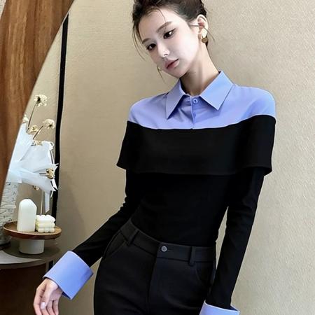 FA54913# 韩系时尚假两件撞色polo领长袖衬衫女春季新款修身显瘦上衣潮  服裝批發女裝批發服飾貨源