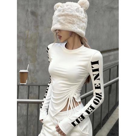 春秋韩版chic女修身显瘦字母印花长袖全棉上衣开叉抽绳打底衫T恤  服裝批發女裝批發服飾貨源