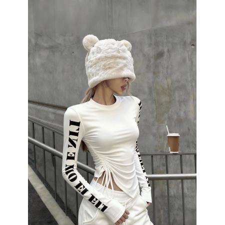 FA54914# 春秋韩版chic女修身显瘦字母印花长袖全棉上衣开叉抽绳打底衫T恤  服裝批發女裝批發服飾貨源