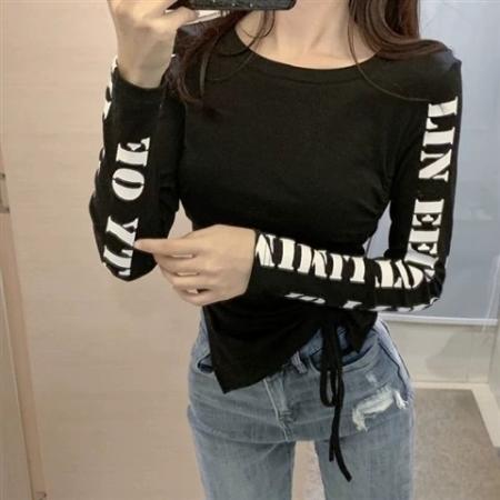 FA54914# 春秋韩版chic女修身显瘦字母印花长袖全棉上衣开叉抽绳打底衫T恤  服裝批發女裝批發服飾貨源