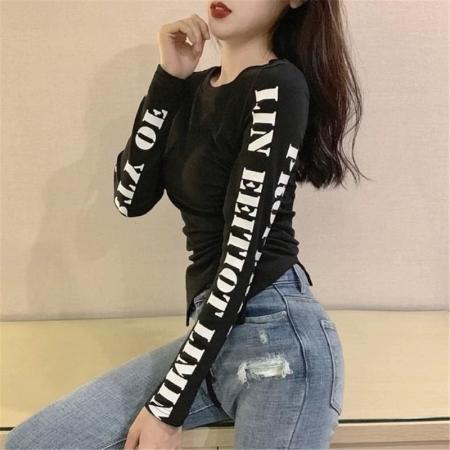 FA54914# 春秋韩版chic女修身显瘦字母印花长袖全棉上衣开叉抽绳打底衫T恤  服裝批發女裝批發服飾貨源