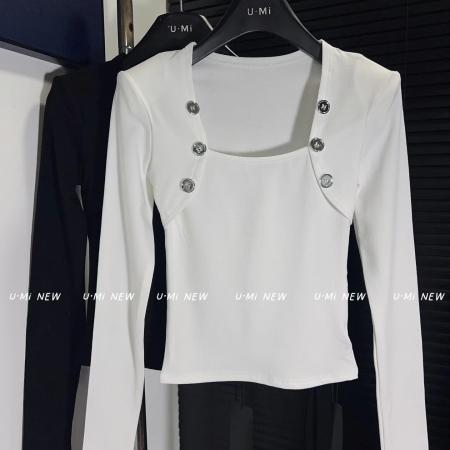 FA54916# 春季新款韩版纯欲风U领长袖T恤修身显瘦打底衫女  服裝批發女裝批發服飾貨源