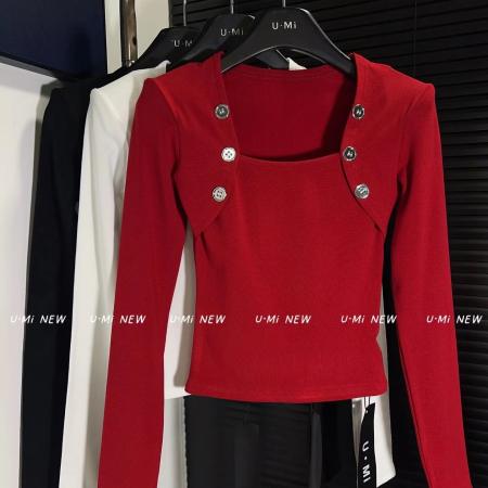 FA54916# 春季新款韩版纯欲风U领长袖T恤修身显瘦打底衫女  服裝批發女裝批發服飾貨源