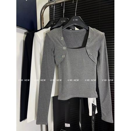 FA54916# 春季新款韩版纯欲风U领长袖T恤修身显瘦打底衫女  服裝批發女裝批發服飾貨源