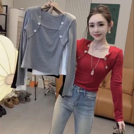 FA54916# 春季新款韩版纯欲风U领长袖T恤修身显瘦打底衫女  服裝批發女裝批發服飾貨源