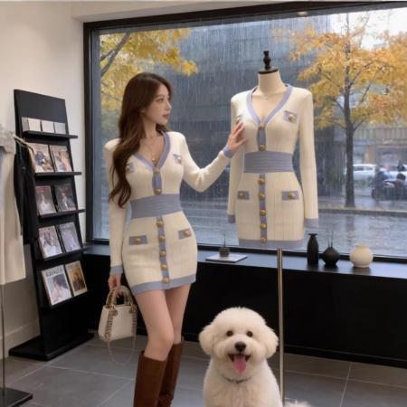 韩国特别好看早春独特约会裙子清冷温柔风高级法式针织连衣裙  服裝批發女裝批發服飾貨源