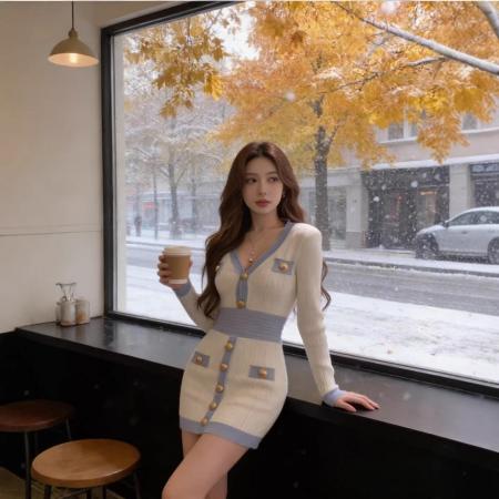 FA54917# 韩国特别好看早春独特约会裙子清冷温柔风高级法式针织连衣裙  服裝批發女裝批發服飾貨源