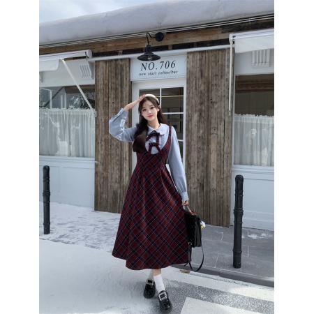 FA54918# 格纹假两件连衣裙女秋冬新款微胖大码长袖收腰裙子  服裝批發女裝批發服飾貨源