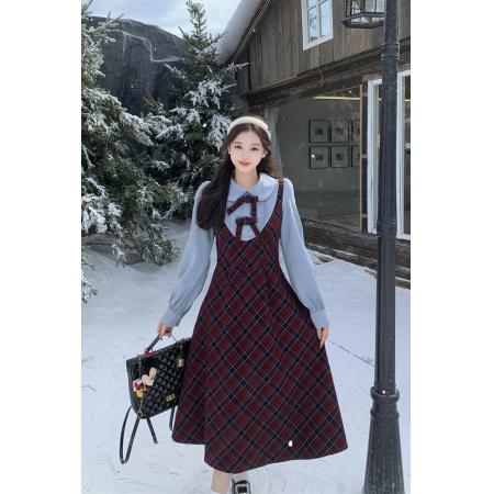 FA54918# 格纹假两件连衣裙女秋冬新款微胖大码长袖收腰裙子  服裝批發女裝批發服飾貨源