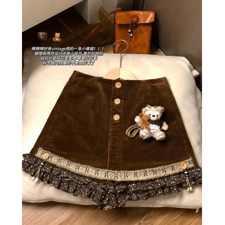 FA54921# 复古vintage感碎花拼接短裙女秋冬显瘦裙裤  服裝批發女裝批發服飾貨源