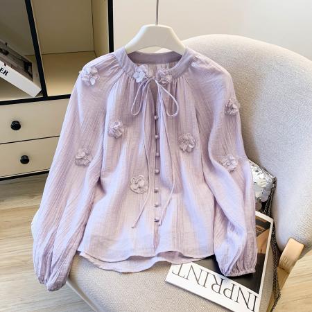 韩系简约通勤设计感衬衫女早春立体花朵系带甜美小衫  服裝批發女裝批發服飾貨源