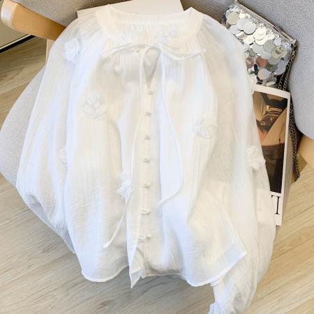 FA54922# 韩系简约通勤设计感衬衫女早春立体花朵系带甜美小衫  服裝批發女裝批發服飾貨源