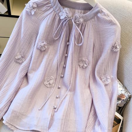 FA54922# 韩系简约通勤设计感衬衫女早春立体花朵系带甜美小衫  服裝批發女裝批發服飾貨源