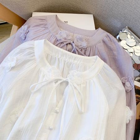 FA54922# 韩系简约通勤设计感衬衫女早春立体花朵系带甜美小衫  服裝批發女裝批發服飾貨源