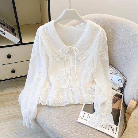荷叶边V领长袖白衬衫女春季显瘦高级感法式蕾丝提花上衣  服裝批發女裝批發服飾貨源