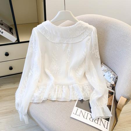 FA54923# 荷叶边V领长袖白衬衫女春季显瘦高级感法式蕾丝提花上衣  服裝批發女裝批發服飾貨源