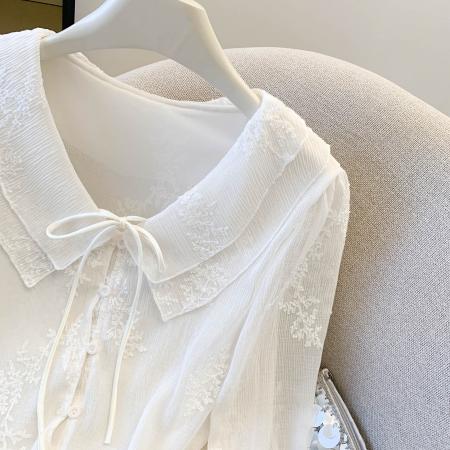 FA54923# 荷叶边V领长袖白衬衫女春季显瘦高级感法式蕾丝提花上衣  服裝批發女裝批發服飾貨源